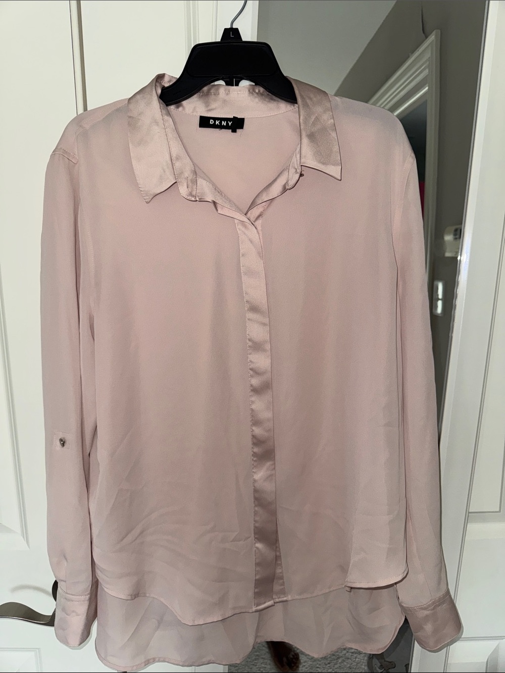 DKNY Light Blush Pink Satin-Trim Layered Chiffon Blouse